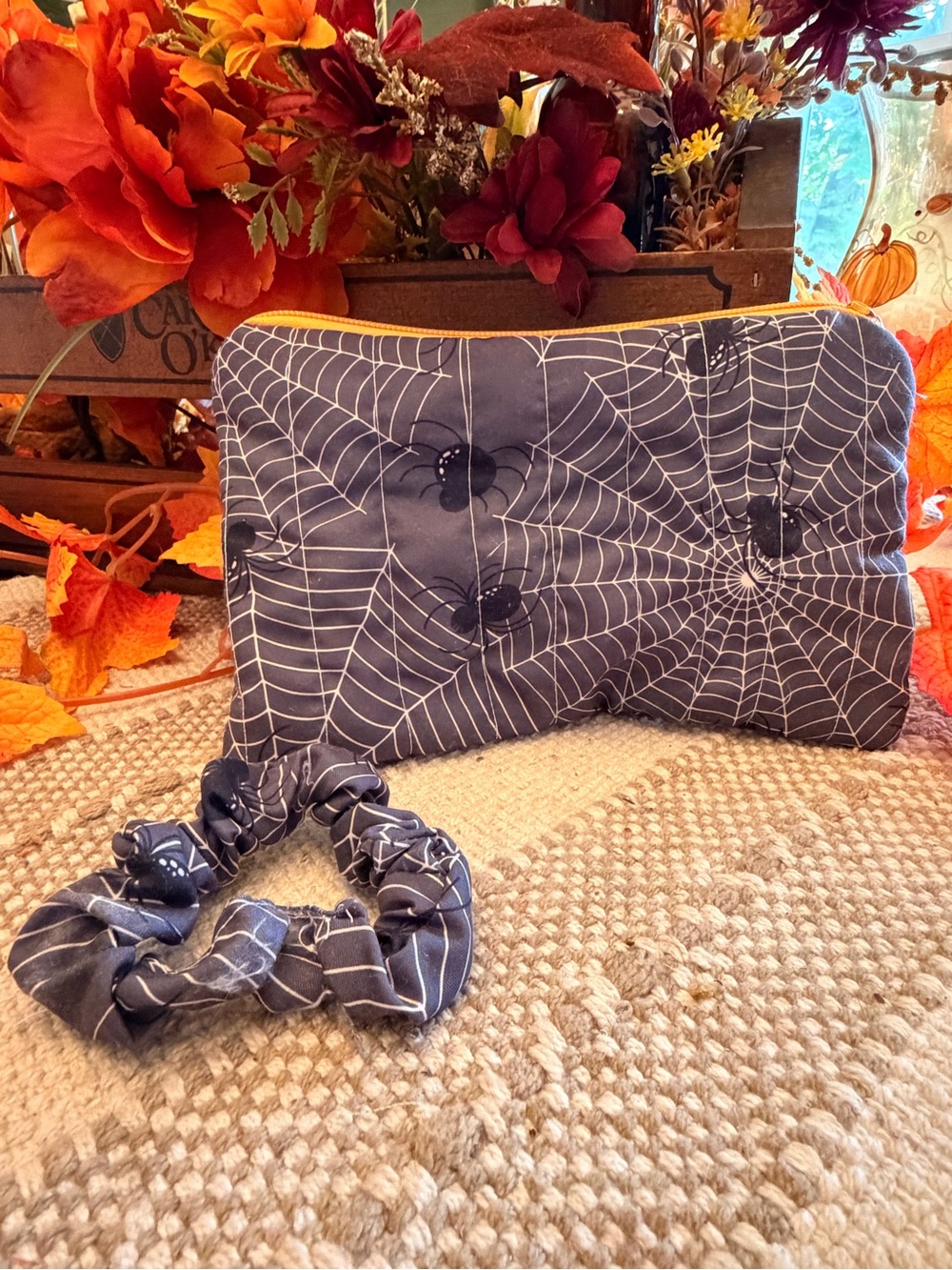 Kids Spiderweb Print Grey Scrunchie & Pouch Set